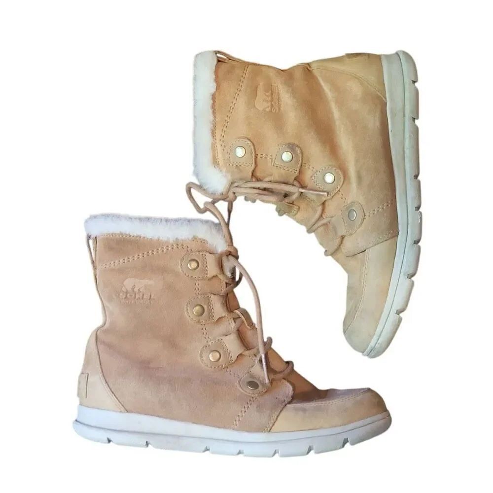 Sorel Boots Women's 9.5 Tan Suede Leather Joan Explorer Rain Winter Snow Fur